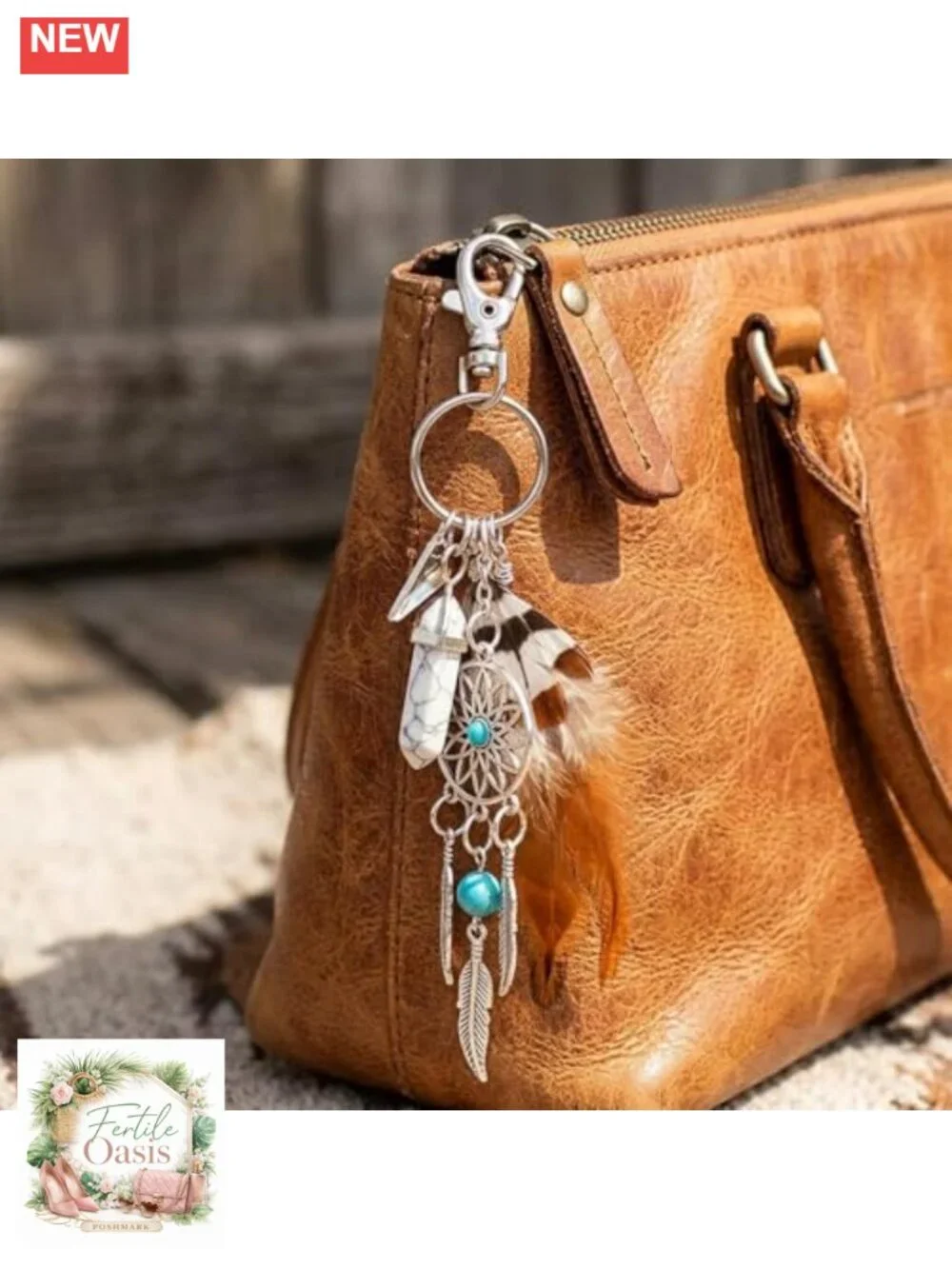 Handmade Leather Keychain Turquoise Embossed Car Key Fob Bag Charm
